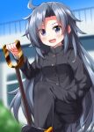 1girl :d alternate_costume black_jacket black_pants blurry blurry_background blush buttons character_name collared_jacket commentary_request day eyes_visible_through_hair foot_out_of_frame gakuran grey_eyes grey_hair hair_intakes hand_in_pocket hand_up high_collar highres himemushi_momoyo jacket long_hair long_sleeves looking_at_viewer open_mouth outdoors pants ruu_(tksymkw) school_uniform shovel smile solo split_mouth standing standing_on_one_leg touhou 