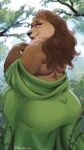  2024 9:16 anthro back_fat bare_shoulders bear belly big_belly big_butt black_nose blurred_background brown_bear brown_body brown_eyes brown_fur brown_hair butt clothing digital_media_(artwork) dress eyelashes female forest forest_background fur green_clothing green_dress hair huge_butt lips long_hair looking_at_viewer looking_back mammal mature_female nature nature_background neck_tuft nora_(tasanko) noviraine obese obese_female overweight overweight_female plant rear_view short_tail signature smile solo tail tail_outline thick_bottom_lip tree tuft ursine wide_hips wrinkles 