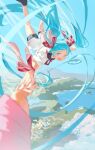  1girl 1other blue_eyes blue_hair blue_sky bow chi_chi3939 commentary_request day falling hair_bow hatsune_miku highres holding_hands long_hair looking_at_viewer midair multiple_hair_bows open_mouth pov pov_hands red_bow sekiranun_graffiti_(vocaloid) short_sleeves sky smile twintails very_long_hair vocaloid 