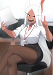  1girl alternate_costume angry animal_ear_fluff animal_ears black_skirt blurry blurry_background boku_no_hero_academia breasts brown_pantyhose chair collared_shirt commentary crossed_legs dark-skinned_female dark_skin dress_shirt english_commentary feet_out_of_frame hands_up high-waist_skirt highres holding holding_paper id_card index_finger_raised kritta88 lanyard large_breasts long_eyelashes long_hair looking_at_viewer mirko office_chair office_lady open_mouth pantyhose paper parted_bangs pencil_skirt rabbit_ears rabbit_girl red_eyes shirt shirt_tucked_in short_eyebrows sitting skirt sleeves_rolled_up solo swivel_chair tongue v-shaped_eyebrows very_long_hair white_hair white_shirt 