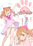  1girl :3 absurdres arm_up barefoot blush bow brown_hair chestnut_mouth closed_eyes dress hair_bow highres inukai_komugi magic multicolored_hair no_panties one_eye_closed paw_print pink_bow pink_dress ponytail precure red_eyes solo sparkle tenjou_ryuka v v_over_eye waving white_background wonderful_precure! 
