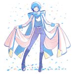 1boy belt blue_eyes blue_hair blue_nails blue_scarf boots coat commentary confetti full_body hair_between_eyes happy highres kaito_(vocaloid) kaito_(vocaloid3) knee_boots long_sleeves looking_at_viewer male_focus nail_polish open_clothes open_coat pants parted_lips scarf shirt short_hair signature simple_background smile solo soup_dumplin standing vocaloid white_background white_coat 