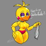  1:1 animatronic anthro areola avian beak beastly_z5 bib big_breasts bird blue_eyes breasts chicken clothed clothing dialogue eyelashes eyeshadow female five_nights_at_freddy&#039;s five_nights_at_freddy&#039;s_2 galliform gallus_(genus) grey_background hand_on_hip head_feathers head_tuft hi_res looking_at_viewer machine makeup navel nipples open_mouth open_smile orange_areola orange_nipples panties phasianid pink_clothing pink_panties pink_underwear purple_eyeshadow robot rosy_cheeks scottgames simple_background smile solo talking_to_viewer text thick_thighs topless toy_chica_(fnaf) tuft underwear wide_hips 