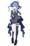 1girl absurdres asymmetrical_legwear beret blue_eyes blue_hair blue_nails commentary_request dress full_body gloves hat highres holding holding_microphone hololive hoshimachi_suisei hoshimachi_suisei_(1st_costume) microphone mismatched_legwear nolc partially_fingerless_gloves plaid plaid_dress side_ponytail smile star_(symbol) star_in_eye symbol_in_eye thigh_strap virtual_youtuber 