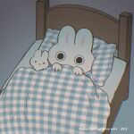  artist_name ayu_(mog) bed black_eyes blanket blush covered_mouth grey_background lying no_humans on_back original pillow plaid_blanket plaid_pillow rabbit solo stuffed_animal stuffed_rabbit stuffed_toy under_covers wide-eyed 