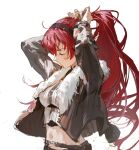  1girl arms_up black_jacket closed_eyes closed_mouth dino_(dinoartforame) eris_greyrat from_side fur-trimmed_jacket fur_trim hairband highres jacket long_hair mushoku_tensei navel ponytail red_hair sidelocks simple_background solo stomach tying_hair upper_body white_background 