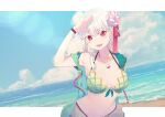  1girl absurdres armlet bare_shoulders beach bikini blush bracelet braid braided_ponytail breasts cleavage collarbone daisi_gi earrings fate/grand_order fate_(series) flower frills green_bikini green_vest hair_flower hair_ornament hair_ribbon highres hood hooded_vest hoodie jewelry kama_(fate) kama_(swimsuit_avenger)_(fate) kama_(swimsuit_avenger)_(second_ascension)_(fate) large_breasts long_hair looking_at_viewer lotus navel necklace open_mouth pendant red_eyes ribbon smile solo swimsuit vest white_hair 
