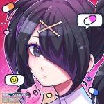  1girl ame-chan_(needy_girl_overdose) black_eyes black_hair cat closed_mouth commentary emoji hair_ornament hair_over_one_eye heart highres long_hair looking_at_viewer needy_girl_overdose outline pien_cat_(needy_girl_overdose) pill pleading_face_emoji portrait sign signature solo speech_bubble symbol-only_commentary twintails warning_sign x_hair_ornament xenvita 