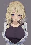  1girl black_shirt blonde_hair blue_eyes blush braid breasts campbell_xx chloe_croce closed_mouth collarbone commentary_request flying_sweatdrops grey_background gundam gundam_side_story:_missing_link heavy_breathing highres jacket large_breasts looking_at_viewer open_clothes open_jacket shirt simple_background single_braid solo sweat upper_body white_jacket 