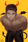  1boy abs bandaid bandaid_on_face bara bat_wings belt belt_chain black_hair black_pants cowboy_shot demon_tail drawn_horns drawn_tail drawn_wings earrings eyebrow_piercing grin highres horns jewelry large_pectorals leaning_forward looking_at_viewer male_focus muscular muscular_male navel necklace nipples orange_background original pants pectorals piercing red_horns scar scar_across_eye short_hair sideburns signature simple_background smile solo tail tenji_(tenji_89) topless_male veins veiny_arms wings 