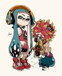  2girls :&gt; annie_(splatoon) arrow_print artist_name baseball_cap black_footwear black_scarf black_shorts blue_eyes blue_hair blunt_bangs box cardboard_box closed_mouth clownfish colored_eyelashes commentary_request fish full_body furrowed_brow green_hair green_hoodie green_shirt hair_ornament hand_on_headphones hat headphones headphones_around_neck highres hood hoodie inkling_girl inkling_player_character jelonzo_(splatoon) jersey long_hair looking_at_another moe_(splatoon) multicolored_hair multiple_girls on_stool one_eye_closed open_clothes open_hoodie pants print_hoodie red_footwear red_hair red_pants red_pupils scarf shirt shoes shogo_(shogo70449442) short_hair short_sleeves shorts sitting sleeves_past_wrists smile sneakers spiked_hair splatoon_(series) splatoon_1 standing star_(symbol) star_hair_ornament striped_clothes striped_scarf tentacle_hair thick_eyebrows twintails two-tone_hair very_long_hair white_shirt 