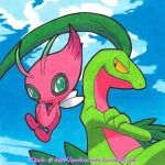  1:1 ambiguous_gender better_version_at_source blue_sky celebi crossed_arms duo eye_contact generation_2_pokemon generation_3_pokemon genkonomiko green_body green_eyes grovyle grovyle_the_thief leaf leaf_hair legendary_pokemon looking_at_another looking_back looking_back_at_another multicolored_body nintendo pink_body plant plant_hair pokemon pokemon_(species) pokemon_mystery_dungeon pseudo_hair red_body semi-anthro shiny_celebi_(eotds) sky smile solo spike_chunsoft traditional_media_(artwork) two_tone_body white_clouds yellow_sclera 