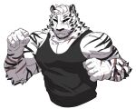  1boy animal_ears arknights bara black_tank_top clenched_hands cropped_torso fighting_stance furry furry_male large_pectorals looking_ahead male_focus mountain_(arknights) muscular muscular_male orpiam pectoral_cleavage pectorals scar scar_across_eye short_hair solo tank_top thick_eyebrows tiger_boy tiger_ears white_hair 