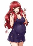  1girl alternate_costume breasts cowboy_shot double_v dress fire_emblem fire_emblem_engage hair_ornament highres ko-fi_commission large_breasts long_hair looking_at_viewer nightgown one_eye_closed pregnant purple_nightgown red_eyes red_hair rotomdocs short_dress smile solo star_(symbol) star_hair_ornament upper_body v yunaka_(fire_emblem) 