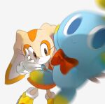  1girl animal_ears blue_eyes bow bowtie brown_eyes chao_(sonic) cheese_(sonic) cream_the_rabbit eminem_throwing_a_fat_rat_(meme) gloves grey_background highres jaibus meme motion_blur rabbit_ears red_bow red_bowtie sonic_(series) sonic_advance_2 white_gloves yellow_footwear 