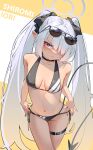  1girl absurdres bare_shoulders bikini black_bikini black_choker blue_archive blush breasts choker closed_mouth collarbone cowboy_shot demon_tail eyewear_on_head hair_ornament hair_over_one_eye halo halterneck highres iori_(blue_archive) iori_(swimsuit)_(blue_archive) long_hair looking_at_viewer medium_breasts multi-strapped_bikini_bottom navel official_alternate_costume painterliuhao pointy_ears red_eyes simple_background solo standing stomach string_bikini sunglasses swimsuit tail thigh_strap twintails very_long_hair white_background 