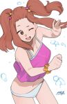  bare_shoulders breasts brown_hair cowboy_shot crop_top flower_bracelet forehead freckles gochiwa hair_ornament hairclip hibike!_euphonium highres kenzaki_ririka large_breasts long_hair long_sidelocks midriff navel one_eye_closed open_mouth pink_top splashing star_(symbol) star_hair_ornament swimsuit twintails water_drop white_background yellow_eyes 