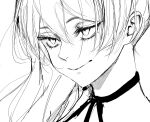  1girl choker close-up commentary_request eyelashes hair_between_eyes half-closed_eyes inoitoh jitome lineart long_hair looking_to_the_side monochrome portrait sketch smile solo sousou_no_frieren ubel_(sousou_no_frieren) 