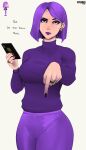  1girl artist_name black_nails breasts cellphone duolingo earrings english_text eyeshadow highres holding holding_phone jewelry large_breasts lily_(duolingo) looking_at_viewer makeup nyuunzi pants phone pointing purple_eyeshadow purple_hair purple_lips purple_pants purple_shirt reference_inset ring shirt short_hair simple_background smartphone solo white_background 