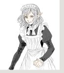  1boy alternate_costume angry apron black_dress clenched_teeth crossdressing dress dungeon_meshi elf enmaided frills grey_eyes grey_hair kabe_piko long_sleeves maid maid_apron maid_headdress male_focus medium_hair mithrun pointy_ears puffy_sleeves scowl solo teeth wavy_hair white_apron white_background 