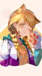  1girl absurdres animal_ear_fluff animal_ears animal_hands blonde_hair braid cat_ears cat_girl cat_paws fujita_kotone gakuen_idolmaster highres idolmaster jacket long_hair looking_at_viewer multicolored_clothes multicolored_jacket one_eye_closed open_clothes open_jacket sainome_(imveryfinethx) shirt solo twin_braids upper_body yellow_eyes yellow_shirt 