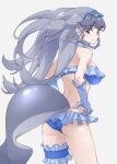 1girl american_manatee_(kemono_friends) aqua_eyes ass bare_shoulders bikini blue_bikini braid breasts bridal_garter cetacean_tail commentary cowboy_shot fins fish_tail frilled_bikini frilled_garter frills from_behind gloves grey_background grey_gloves grey_hair hands_on_own_hips highres kemono_friends large_breasts long_hair looking_at_viewer looking_back side_braids simple_background smile solo swimsuit tail tanabe_(fueisei) twin_braids 