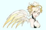  1girl absurdres artist_name bare_shoulders blonde_hair blue_background blue_eyes breasts cropped_torso dress feather_trim feathered_wings flower hair_between_eyes hair_flower hair_ornament halo highres medium_breasts mercy_(overwatch) overwatch parted_lips ponytail skirtzzz smile solo swept_bangs white_dress white_wings wings 