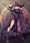  1girl blonde_hair boots breasts cosplay dark_magician dark_magician_(cosplay) dark_magician_girl duel_monster frown full_body hand_on_own_hip hat highres holding holding_staff knee_boots large_breasts looking_to_the_side no_pants shouma_(bravespiritya) staff standing wizard_hat yu-gi-oh! 