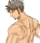  1boy 392mondo back_muscles bara black_hair earrings facial_hair from_side goatee hat highres jewelry looking_at_viewer male_focus nude one_piece profile short_hair sideburns sideways_glance solo thick_eyebrows trafalgar_law unfinished upper_body 
