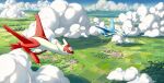  absurdres blue_wings cloud dragon fish.boy grass highres landscape latias latios looking_at_another midair no_humans pokemon pokemon_(creature) red_eyes red_wings sky smile tree village wings yellow_eyes 