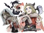  1girl 2others :d axe blonde_hair blood blood_on_clothes blue_eyes brown_shorts cape erick_(reverse:1999) fake_horns fighting full_body fur-trimmed_cape fur_trim gyeol_124 hands_up highres holding holding_axe horned_headwear horns korean_text long_hair looking_at_viewer multiple_others multiple_views nosebleed over_shoulder overall_shorts overalls profile red_cape red_shirt reverse:1999 shirt short_sleeves shorts smile t-shirt translation_request upper_body weapon weapon_over_shoulder white_background 