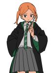  1girl black_eyes cloak collared_shirt frown hand_on_own_hip harry_potter_(series) hogwarts_school_uniform holding holding_wand long_sleeves looking_to_the_side necktie orange_hair pleated_skirt school_uniform shirt skirt slytherin solo south_park striped_necktie ten_(lu2948d) tricia_tucker twintails two-sided_fabric wand wizarding_world 