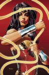  1girl bare_shoulders black_hair blue_eyes bracer breasts corset dc_comics gradient_background highres holding_lasso lasso lasso_of_truth long_hair looking_at_viewer red_background red_corset signature small_breasts solo tiara upper_body urbanbarbarian wonder_woman wonder_woman_(series) 