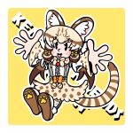  1girl animal_ears bow bowtie cat_ears cat_girl cat_tail extra_ears full_body geoffroy&#039;s_cat_(kemono_friends) grey_hair highres kemono_friends kemono_friends_v_project long_hair looking_at_viewer microphone r1chardroe ribbon shirt shoes simple_background skirt solo suspenders tail thighhighs twintails virtual_youtuber yellow_background 