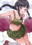  1girl :d black_hair blunt_bangs braid breasts cheering cheerleader collarbone commentary_request crop_top green_skirt highres holding holding_pom_poms kantai_collection kitakami_(kancolle) kneehighs long_hair looking_at_viewer midriff mizuta_kenji navel pleated_skirt pom_pom_(cheerleading) purple_eyes sideboob single_braid skirt small_breasts smile socks solo speech_bubble sweat translation_request white_background white_socks 