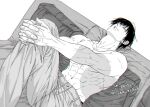  1boy abs black_hair couch dated feet_out_of_frame fushiguro_touji greyscale hand_on_own_knee jewelry jujutsu_kaisen looking_at_viewer male_focus monochrome navel necklace on_couch pants sashiyu scar scar_on_face scar_on_mouth short_hair signature sitting solo teeth topless_male 