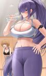  2girls ahoge black_sports_bra blue_eyes blush bottle breasts brown_hair character_request cleavage closed_mouth collarbone english_commentary gnome_(last_origin) grey_pants hair_over_one_eye hand_on_own_hip highres indoors large_breasts last_origin lazb. leggings long_hair multiple_girls navel open_mouth pants ponytail purple_eyes purple_pants short_hair sidelocks sports_bra sweat very_long_hair water_bottle white_sports_bra 