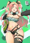  1girl absurdres bangboo_(zenless_zone_zero) bare_shoulders black_ribbon black_shorts blush breasts cleavage crop_top green_eyes hair_ornament hair_ribbon hairclip highres kunkun_pa large_breasts long_hair looking_at_viewer midriff mole navel nicole_demara open_mouth pink_hair ribbon selfie shorts skindentation smile strapless thick_eyebrows thick_thighs thighs tube_top two_side_up v wide_hips zenless_zone_zero 