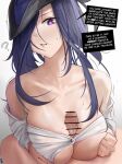  1boy 1girl ? bar_censor breasts censored clorinde_(genshin_impact) english_text eroborne genshin_impact hetero highres hypnosis large_breasts long_hair looking_at_viewer mind_control paizuri parted_lips partially_unbuttoned penis pov purple_eyes saliva saliva_trail shirt simple_background white_shirt 