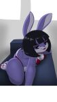  anthro big_butt biped black_hair breasts butt cleavage clothed clothing eyelashes female fur hair hi_res jo-vee-al lagomorph leporid mammal mature_female pupils purple_body rabbit short_stack smile thick_thighs thong underwear 