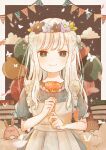  1girl apron balloon bear blue_eyes book book_stack border closed_mouth cloud dot_nose dress flower flower_wreath grey_dress highres holding holding_flower looking_at_viewer mokunoki original puffy_short_sleeves puffy_sleeves rabbit short_sleeves smile solo star_(sky) string_of_flags white_border white_hair 