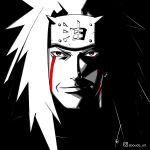  1boy aboude_art arabic_commentary artist_name black_eyes closed_mouth commentary_request english_commentary facial_mark forehead_protector instagram_logo instagram_username jiraiya_(naruto) limited_palette long_hair looking_at_viewer male_focus mixed-language_commentary naruto naruto_(series) ninja signature smile solo spiked_hair spot_color white_hair 