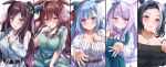  5girls ahoge animal_ears belt blue_hair blush breasts brown_hair casual cleavage closed_mouth clothing_cutout collarbone commentary_request forehead hair_ornament highres horse_ears horse_girl incoming_food large_breasts liukensama long_hair looking_at_viewer medium_breasts mejiro_ardan_(umamusume) mejiro_bright_(umamusume) mejiro_dober_(umamusume) mejiro_mcqueen_(umamusume) mejiro_ramonu_(umamusume) mole mole_under_eye multiple_girls purple_eyes shoulder_cutout smile translation_request umamusume white_background 