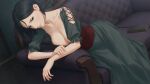  1girl black_hair book breasts cleavage corset couch dress fata_morgana_no_yakata feet_out_of_frame giselle_(fata_morgana_no_yakata) green_hair highres indoors leaning long_dress miura-n315 on_couch short_hair solo 