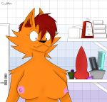 absurd_res anthro arm_tuft bathroom big_breasts black_nose breasts canid canine canis coyote coyotebass digital_media_(artwork) dildo ear_tuft female fur hair hi_res looking_at_dildo looking_at_object looking_at_sex_toy mammal nipples nude orange_body orange_fur pink_nipples red_hair sex_toy shoulder_tuft shower simple_background smile solo tuft xanny_(coyotebass)