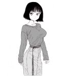  1girl bad_id bad_pixiv_id belt black_hair closed_mouth collarbone dende_(dndn222) greyscale highres long_belt long_sleeves looking_at_viewer monochrome original pants scan scan_artifacts shirt short_hair solo standing traditional_media 