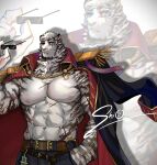  1boy abs animal_ears arknights bara belt chest_tuft coat coat_on_shoulders cowboy_shot epaulettes furry furry_male highres large_pectorals looking_to_the_side male_focus merchandise_available mountain_(arknights) muscular muscular_male navel nipples pectorals pirate scar scar_across_eye shio0610204 short_hair solo strongman_waist sunglasses thick_eyebrows tiger_boy tiger_ears white_hair zoom_layer 