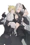  3boys aged_down aqua_eyes armor bangle barefoot black_coat black_gloves black_jacket black_pants blonde_hair bracelet clothes_pull cloud_strife coat fenrir_(final_fantasy) final_fantasy final_fantasy_vii final_fantasy_vii_advent_children final_fantasy_vii_ever_crisis gloves grey_hair hair_between_eyes hand_on_another&#039;s_chest highres holding_hands interlocked_fingers jacket jewelry light_blush long_bangs long_coat long_hair long_sleeves mgt_85363 multiple_boys pants pants_pull parted_bangs parted_lips popped_collar sephiroth short_hair shoulder_armor single_shoulder_pad smile spiked_hair time_paradox vambraces white_background yaoi 