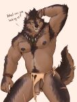  absurd_res anthro areola armpit_hair balls body_hair brown_body brown_fur canid canine canis chest_hair dialogue english_text flaccid foreskin fur genitals green_eyes hanukami happy_trail hi_res humanoid_genitalia humanoid_penis looking_at_viewer male mammal muscular muscular_anthro nipple_piercing nipples penis piercing pubes scar solo tail text wolf 