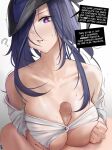  1boy 1girl ? breasts censored clorinde_(genshin_impact) english_commentary english_text eroborne genshin_impact hetero highres hypnosis large_breasts long_hair looking_at_viewer mind_control paizuri parted_lips partially_unbuttoned penis pov purple_eyes saliva saliva_trail shirt simple_background uncensored white_shirt 